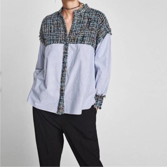 Zara Tweed Striped Button Down Shirt Size Extra Small XS - Picture 3 of 13